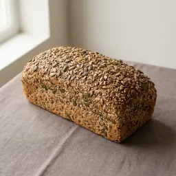 Sok magvas kenyér, a teteje sűrűn tökmaggal és napraforgómaggal borítva.