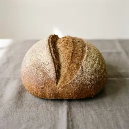 Teljes kiőrlésű búzakenyér aranybarna, bevagdosott héjjal.