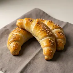 Két magvas, sóval és köménnyel megszórt kifli.