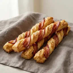 Csavart tésztarudak, rásült ropogós baconcsíkokkal.